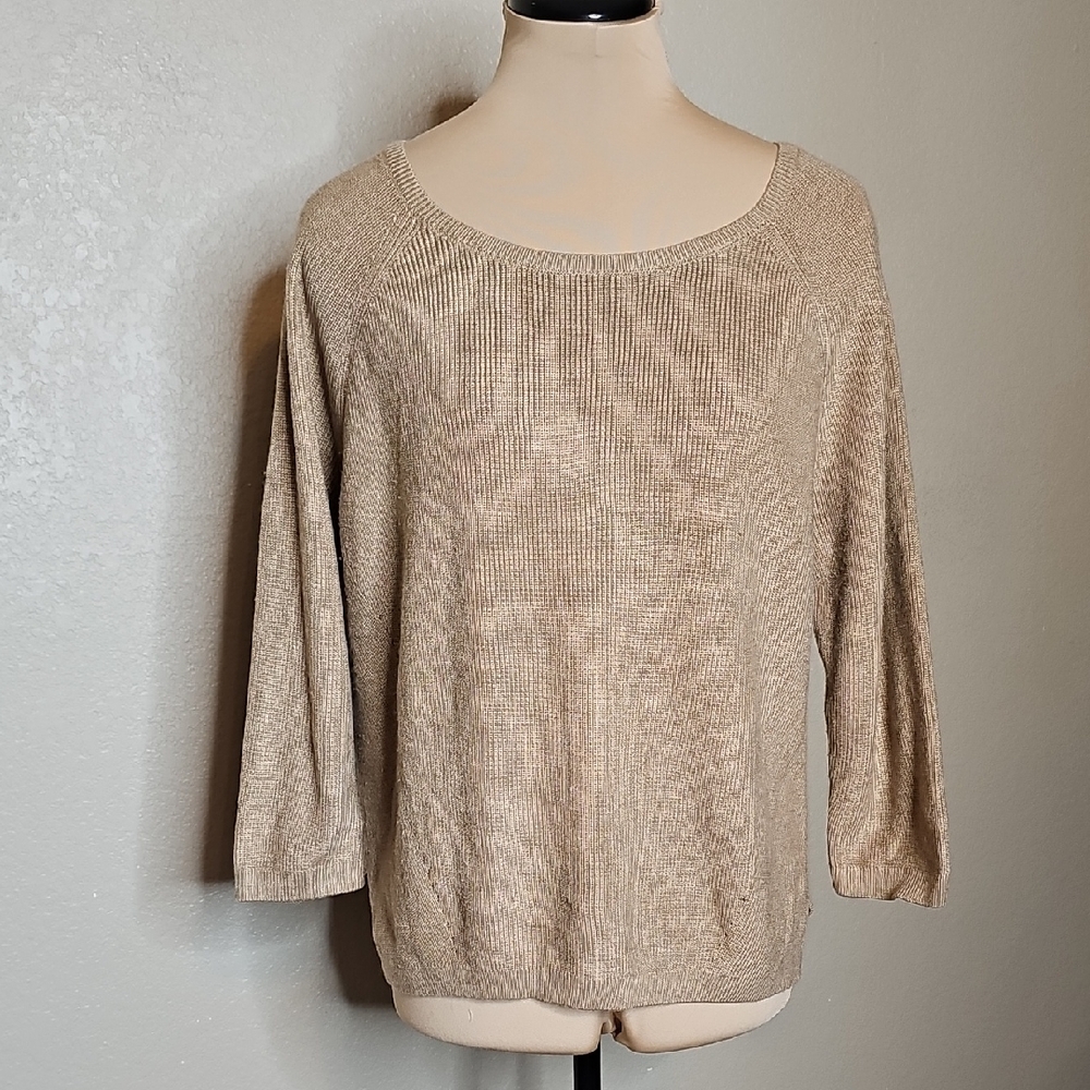 White House Black‎ Market Camel Tan Boatneck  3/4 Sleeve Ribbed Sweater Large